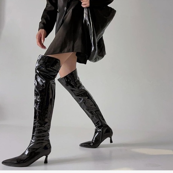 Zara | Shiny Black Over the Knee Boots - Picture 1 of 14